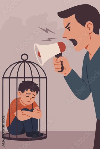 Child abuse metaphor. Trapped vulnerable boy in cage. Aggressive adult yelling megaphone. Emotional abuse concept. Psychological trauma. Domestic violence. Fear. Helplessness. Oppression. Victim.