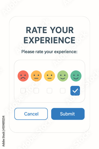 Rate your experience survey form template. UI UX design for customer feedback with emoticon scale. Vector graphic for satisfaction review, opinion poll, user interface with submit & cancel.