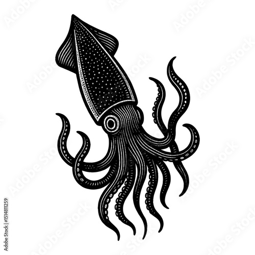 Detailed Squid Illustration In Black And White On A White Background