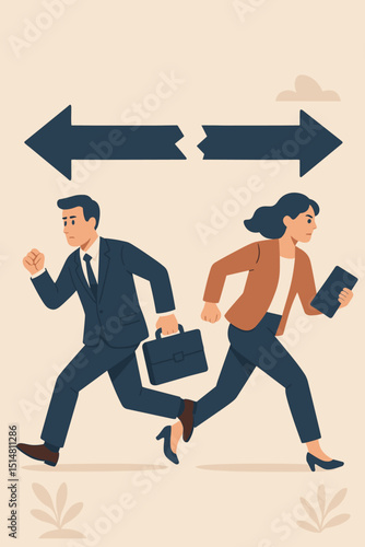 Business conflict concept with businessman and businesswoman running in opposite directions. Corporate disagreement, professional dispute, differing career paths, and divergence vector illustration.