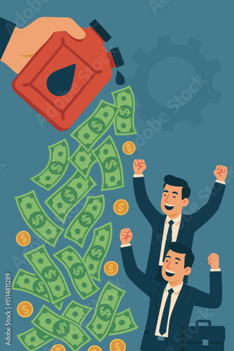 Oil industry boom: Canister pours cascade of money, dollars, coins. Cheerful businessmen celebrate financial success, record profits. Energy sector investment, petroleum revenue growth vector.