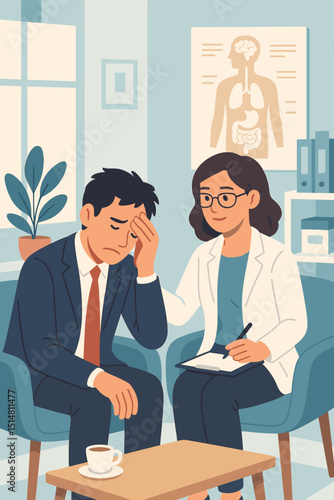 Therapist aiding stressed businessman. Mental health support session. Psychologist comforting anxious man in office. Professional counseling for workplace burnout and depression. Psychology.
