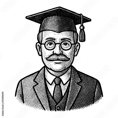 Portrait of a Professor in Graduation Cap and Spectacles with a Mustache