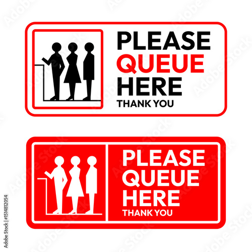 Please queue here label and sign set. Stand here, keep your distance, wait here, queue up, footprint floor, waiting enter, logo, badge, symbol, black, line, flat vector, isolated on white background.