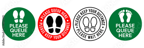 Please queue here label and sign set. Stand here, keep your distance, wait here, queue up, footprint floor, waiting enter, logo, badge, symbol, black, line, flat vector, isolated on white background.