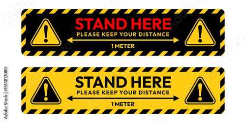 Please queue here label and sign set. Stand here, keep your distance, wait here, queue up, footprint floor, waiting enter, logo, badge, symbol, black, line, flat vector, isolated on white background.