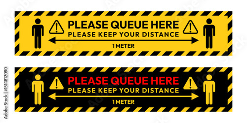 Please queue here label and sign set. Stand here, keep your distance, wait here, queue up, footprint floor, waiting enter, logo, badge, symbol, black, line, flat vector, isolated on white background.