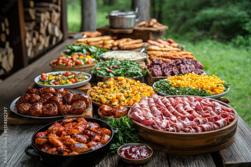 Obraz premium Variety of meats, vegetables, and more spread across a table.