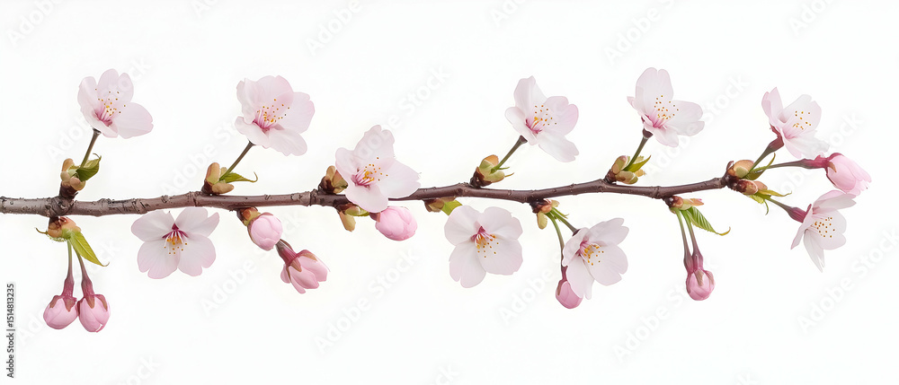 Fototapeta premium Beautiful Pink Cherry Blossoms Branch Against White Background