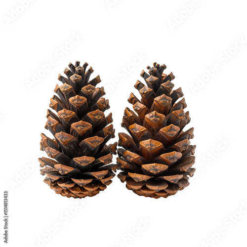 Two brown pine cones isolated on up duo wood life tree on transparent background