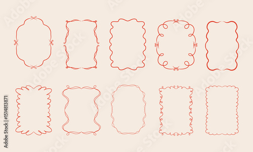 Set of doodle hand drawn trendy coquette frames with bows, ribbons. Minimalist vintage whimsical borders. Modern vector design template for wedding invitation, birthday card, print, holiday poster.