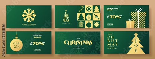 Merry Christmas and Happy New Year horizontal banner, cover, poster, greeting card set in modern simple geometric style in gold and dark blue colors for season greetings, ads, sales, print