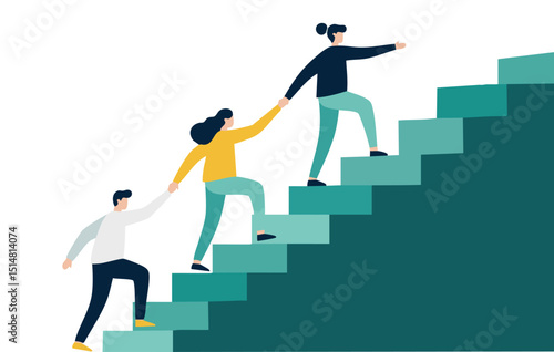 Teamwork Success A Vibrant Flat Illustration Depicting Collaboration and Growth Through Challenges, Reaching Collective Goals, and Ascending Together on a Staircase of Progress