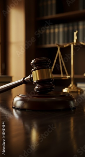 Realistic Image of Gavel Scales of Justice in Law Court with Books
