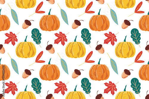 Cute autumn seamless pattern with leaves, acorns, rowan, pumpkin, berries in flat style. Background design for autumn package, wallpaper.
