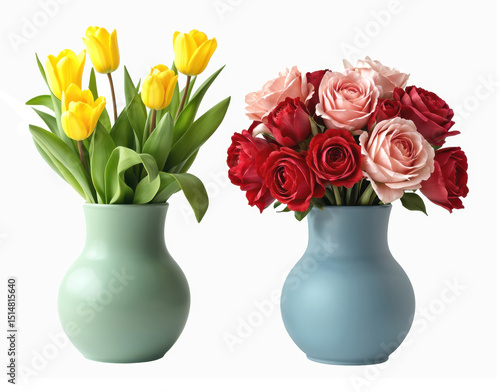 Vasi colorati con tulipani gialli e rose rosse e rosa su sfondo bianco. Generative AI