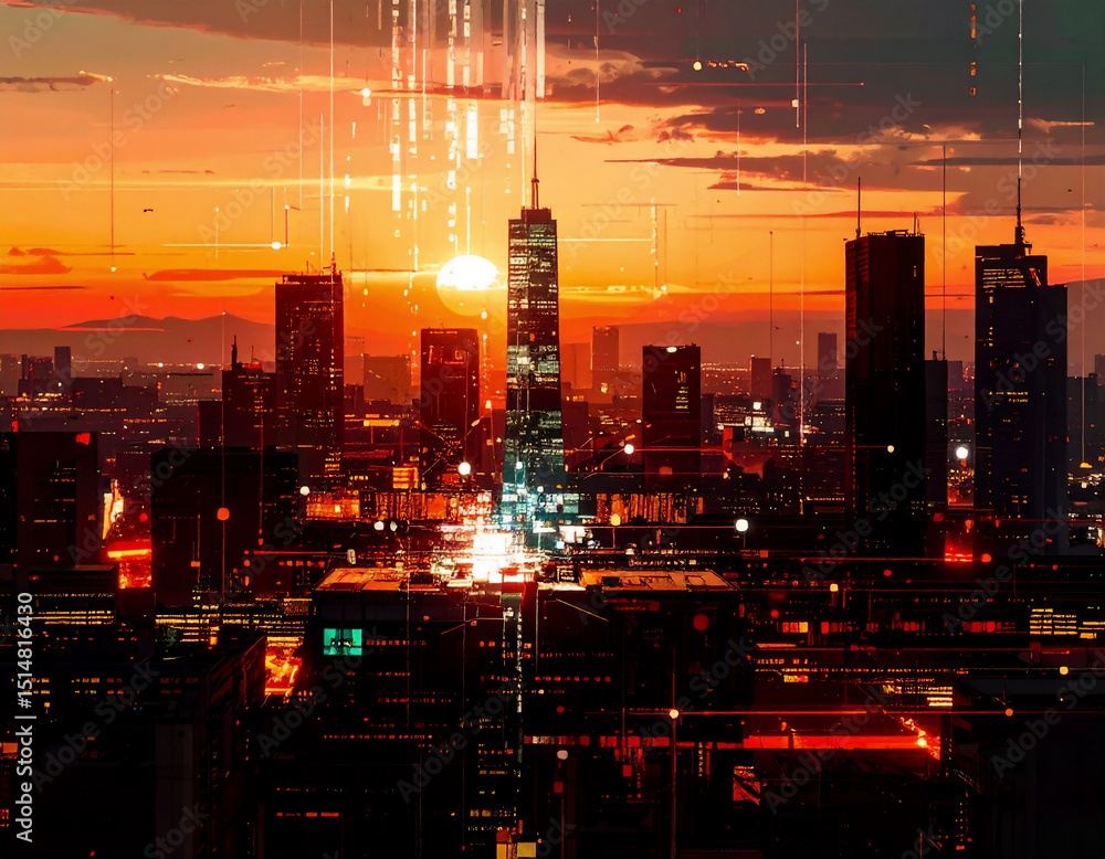 Obraz premium ネットワークの中枢ノードが故障し、都市の構造体がグリッチ崩壊を起す。正多角形で構成された都市は次々と破裂、分解されマトリックスコードの滝が空中に落ち続ける都市景観