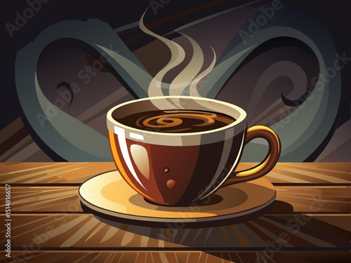 vector of Cup of steaming coffee on dark wooden table, moody background. Suitable for cafe menu...