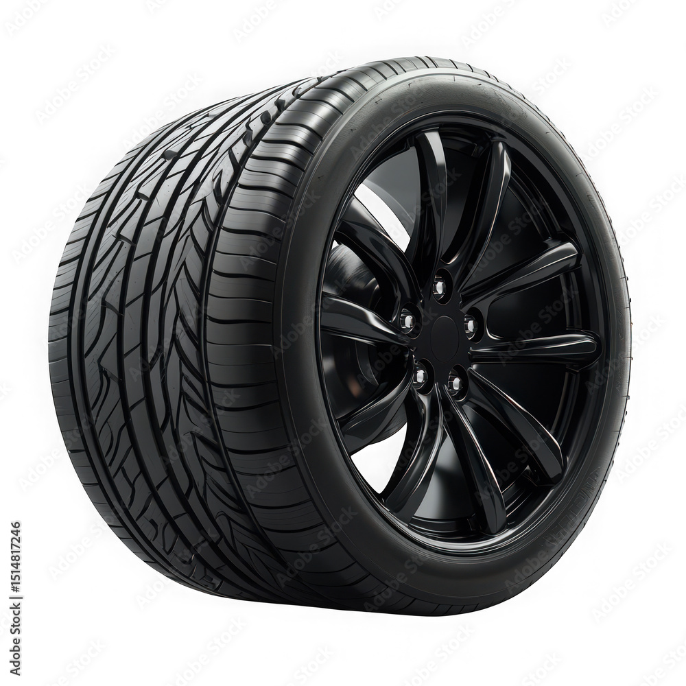 Fototapeta premium Black car wheel and tire isolated on transparent background for automotive industry
