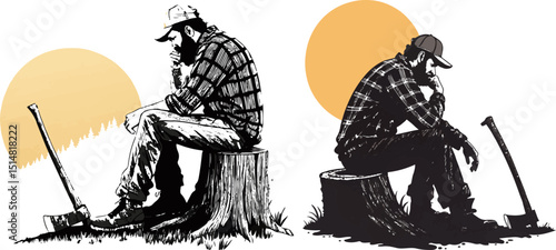 Pensive Lumberjack Resting on Tree Stump - Thoughtful Woodsman Silhouette