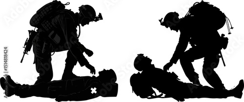 Military Combat Medic - Soldier Administering First Aid Silhouettes