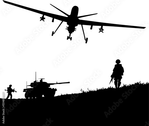 Military Drone Surveillance with Soldiers and Tank - Modern Warfare Silhouette