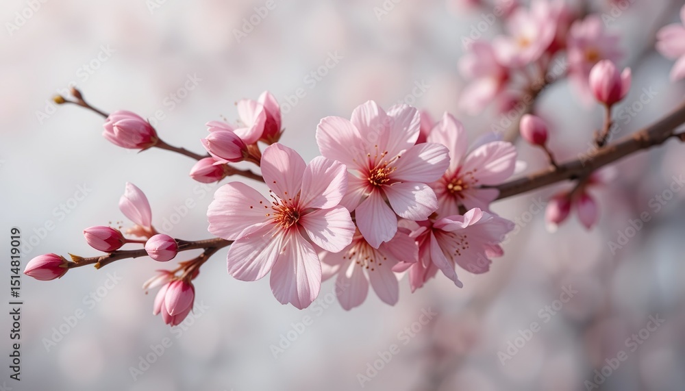 A delicate cherry blossom branch with soft pink petals and tiny buds isolated on white A delicate cherry blossom branch with soft pink petals and tiny buds isolated on white