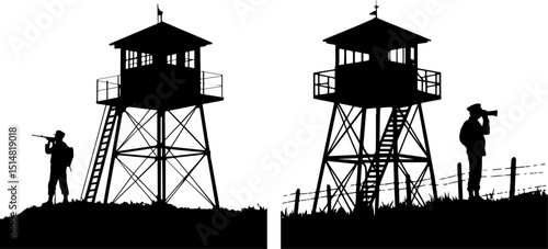Military Guard Tower and Watchtower Silhouettes with Soldiers