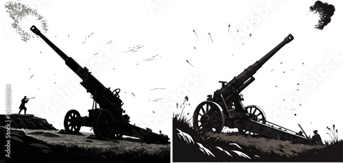 Artillery Cannons Firing - World War II Military Warfare Illustration