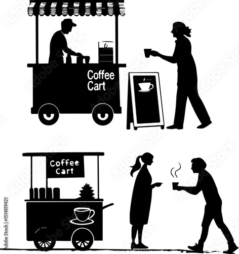 Mobile Coffee Cart and Street Vendor Serving Customers Silhouettes