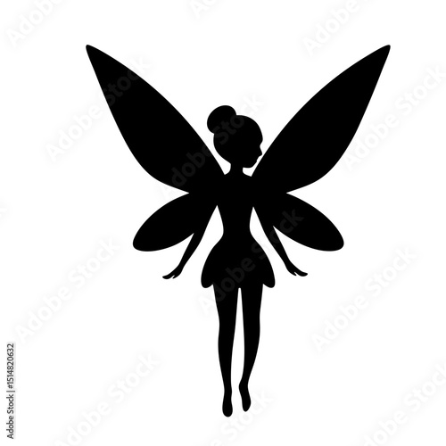 Silhouette of enchanting fairy with intricate wings on a white background