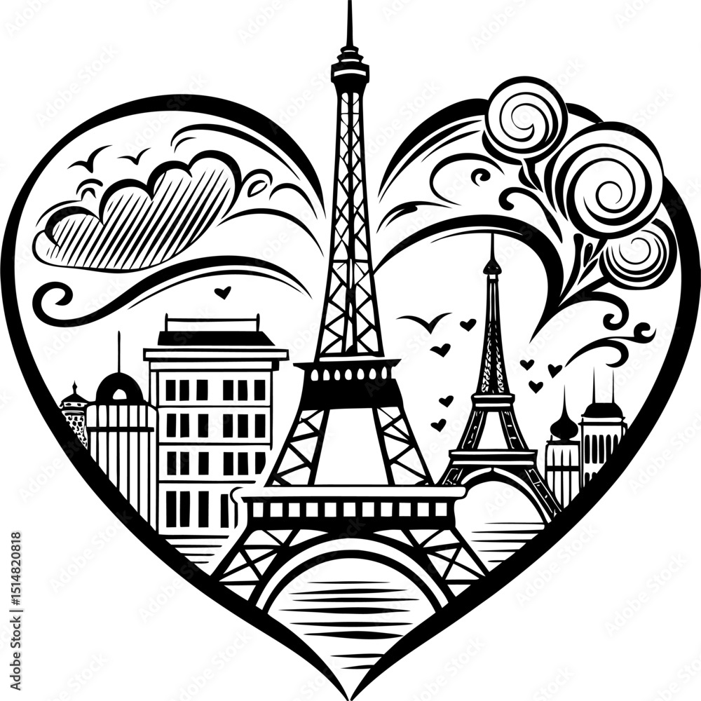 Fototapeta premium A heart-shaped illustration of Paris featuring the Eiffel Tower and romantic elements creating a charming and iconic cityscape.