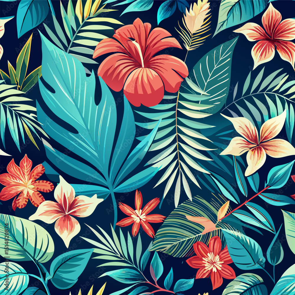Tropical Paradise Seamless Pattern with Vibrant Flowers and Lush Leaves. Tropical Paradise Seamless Pattern with Vibrant Flowers and Lush Leaves.