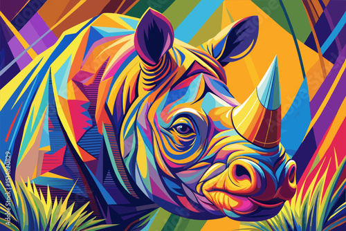 Bright and colorful illustration of a rhinoceros with vibrant patterns and bold colors.