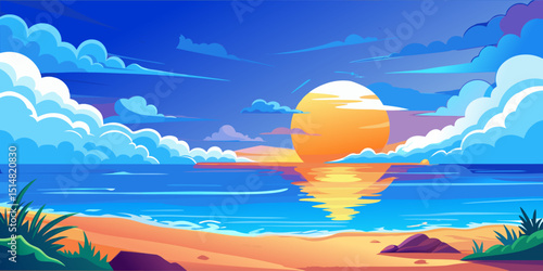 Gorgeous sunrise over the sea with a large sun and calm waves.