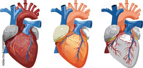 Vector Illustration of a Triptych Featuring Stylized Human Hearts in Different Health States with Vibrant Colors, Detailed Veins and Arteries on White Background