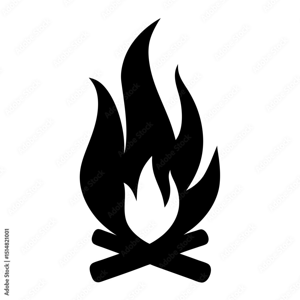 A stylized illustration of a campfire with black flames and wood A stylized illustration of a campfire with black flames and wood