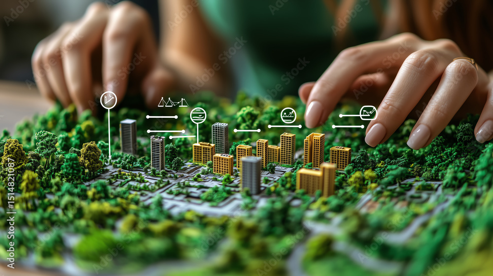 Eco-Conscious Architect Reviewing Sustainable City 3D Model Featuring Carbon-Neutral Zones and Smart Grid Eco-Conscious Architect Reviewing Sustainable City 3D Model Featuring Carbon-Neutral Zones and Smart Grid