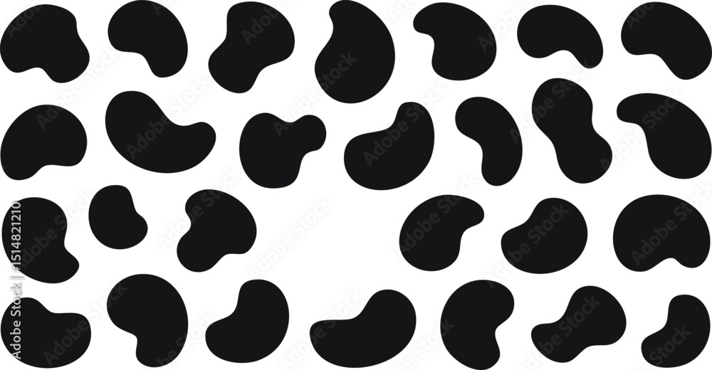 Fototapeta premium Vector Illustration of Abstract Amorphous Black Shapes Floating on a Stark White Background with Smooth Rounded Edges and Minimalist Organic Ink Blot Design