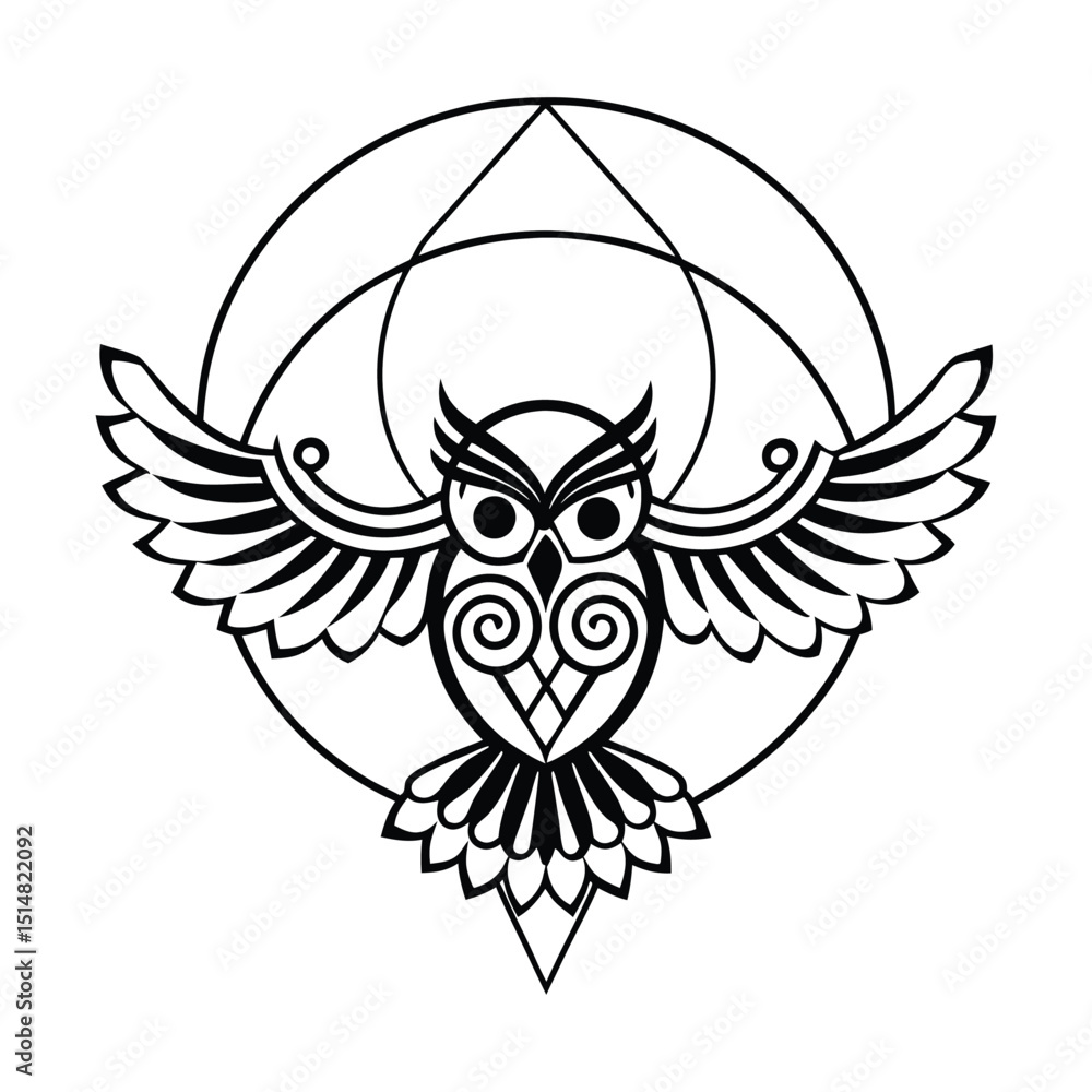 Obraz premium Eagle owl with wings in a flying vector cartoon design featuring feathers and symbolic elements