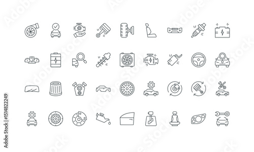Gearshift and spare wheel, tire and seat, piston, brake thin black outline symbols vector illustration. Car parts for change and vehicle repair in garage, automobile engine line icon set.