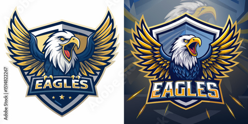 Majestic eagle mascot logos with wings spread wide in patriotic blue and gold crests, suited for freedom-based sports branding, defense themes, or digital logos, vector