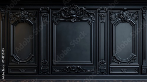 Dark baroque paneling with intricate carvings offers a luxurious backdrop