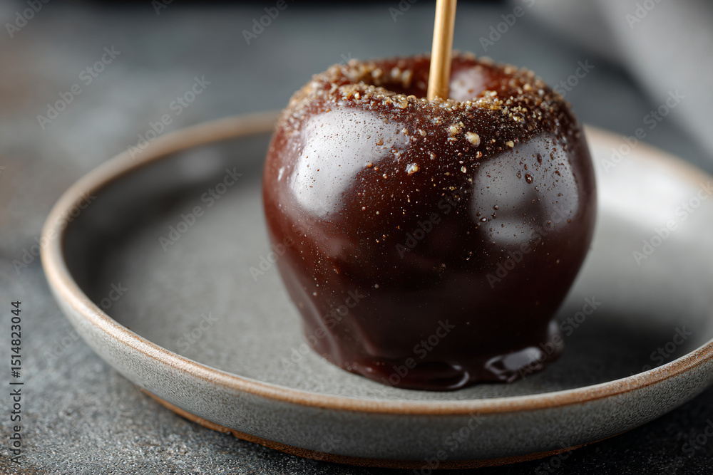 Fototapeta premium a chocolate covered apple sitting on a plate
