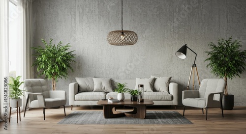 Realistic Living Room Interior with Gray Tones and Wooden Accents