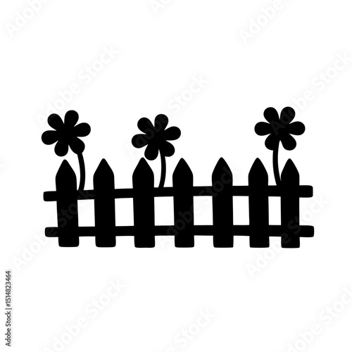 Black silhouette illustration of a picket fence with some flowers behind it