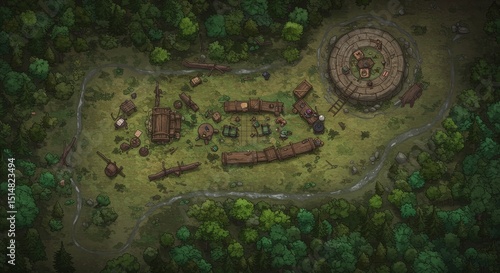 Top Down Battlemap Scene Featuring a Forest Village Encounter