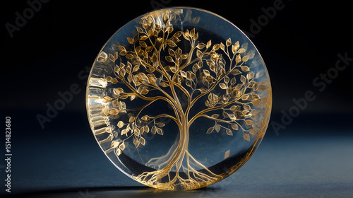 Elegant golden tree with intricate branches and roots encased in a clear sphere, illuminated on a dark background, symbolizing life and nature's beauty.