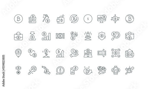 Alternative digital money, blockchain, hot and cold wallet thin black outline symbols vector illustration. Bitcoin, cryptocurrency transfer and exchange, trade and crypto mining line icon set.