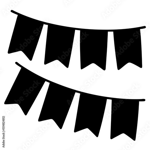 Two strings of black party flags or banners hanging on display
